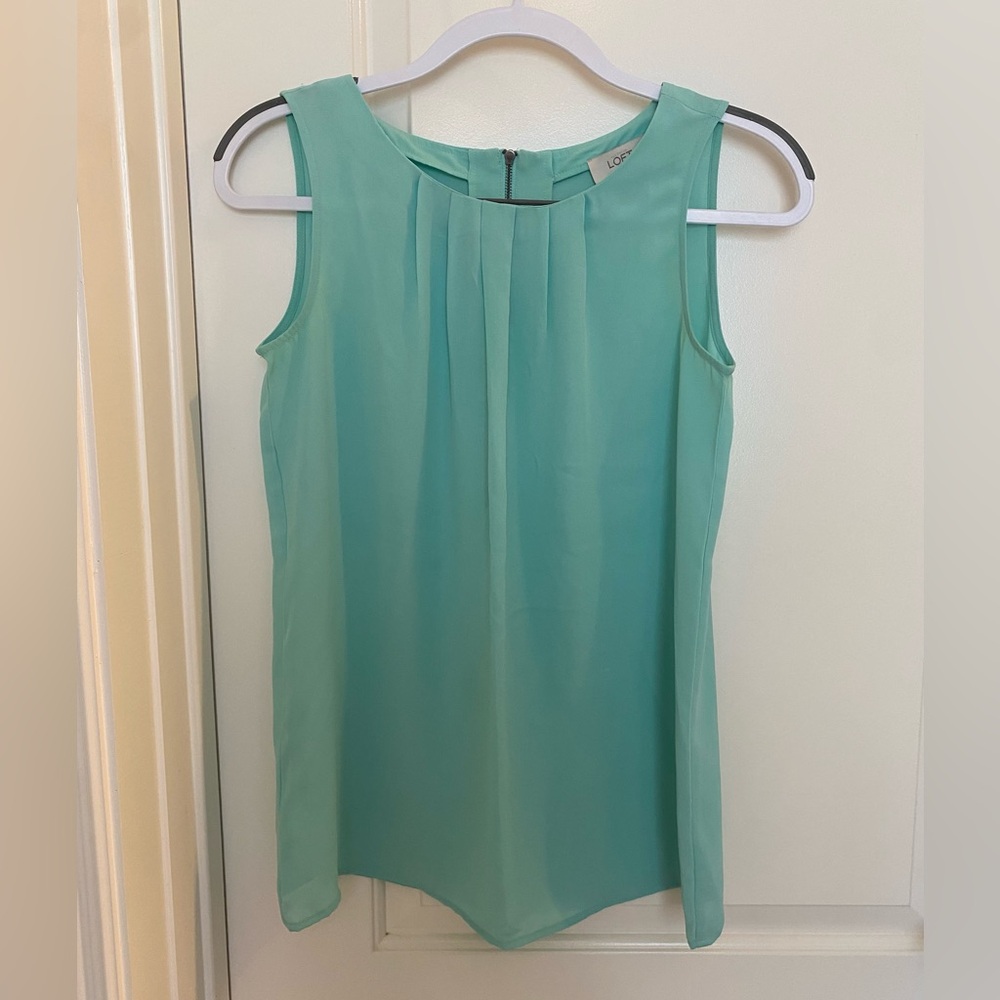 LOFT Pleated Sleeveless Shell Top in Aqua Green